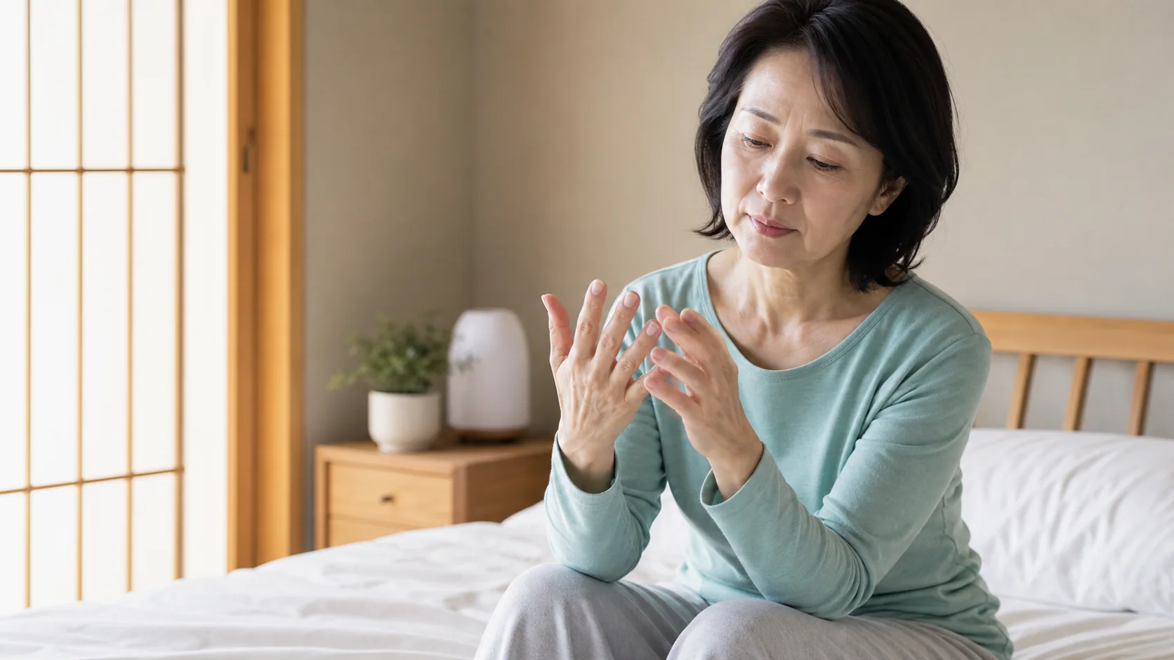朝起きて手指をゆっくり動かしながらこわばりを確認している女性