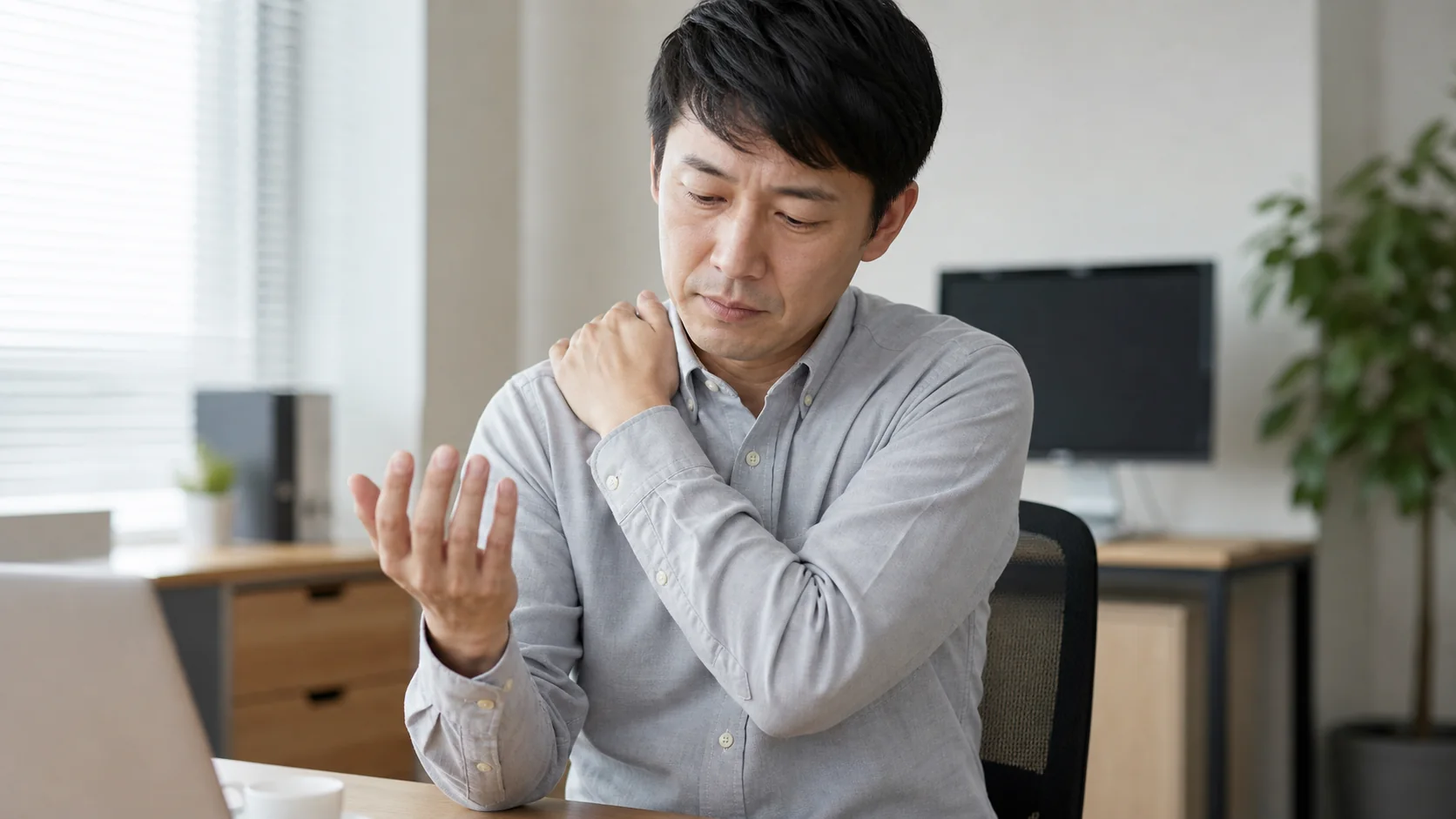 肩のこりと手指のしびれを同時に感じているデスクワーカー