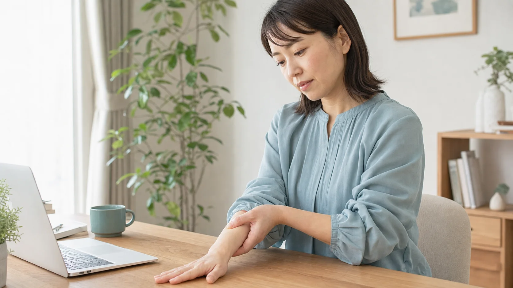 机に手をついたときに手首の痛みを感じている女性