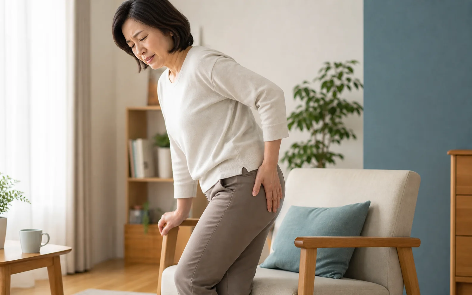 立ち上がり時にお尻から脚の痛みを感じている女性