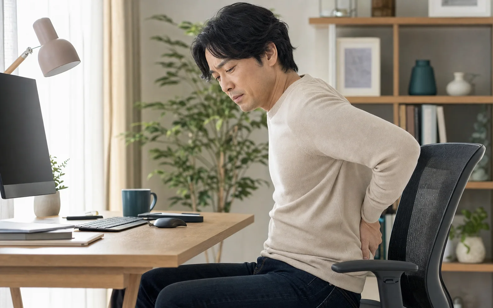 長時間のデスクワークで腰の重さを感じている男性