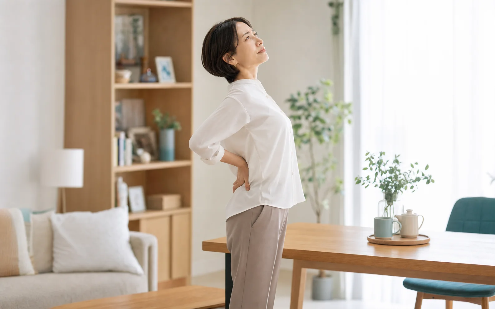 立った姿勢で腰を反らして痛みを感じている女性