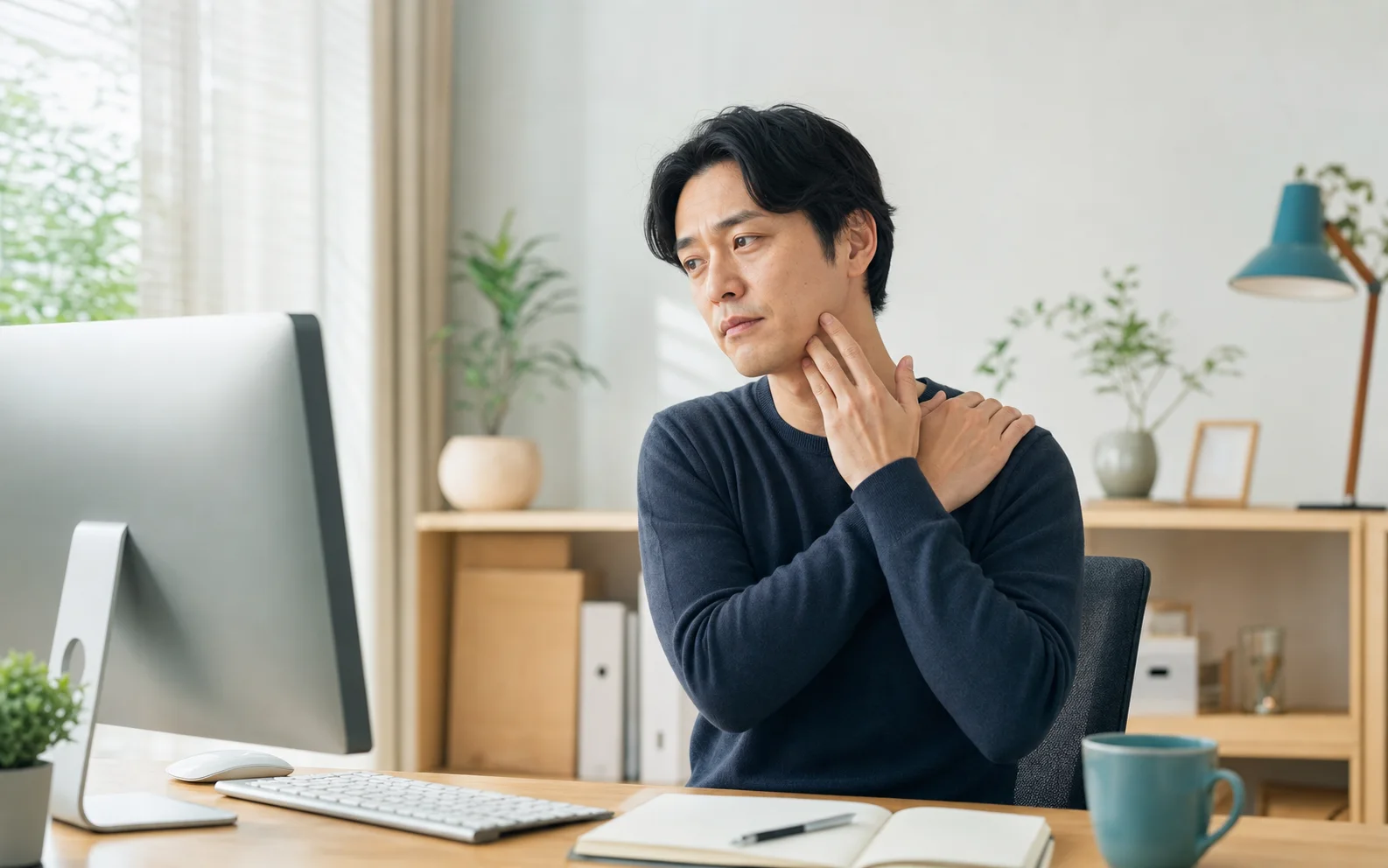 デスクワーク中の食いしばりと首肩のつらさに気づいた男性