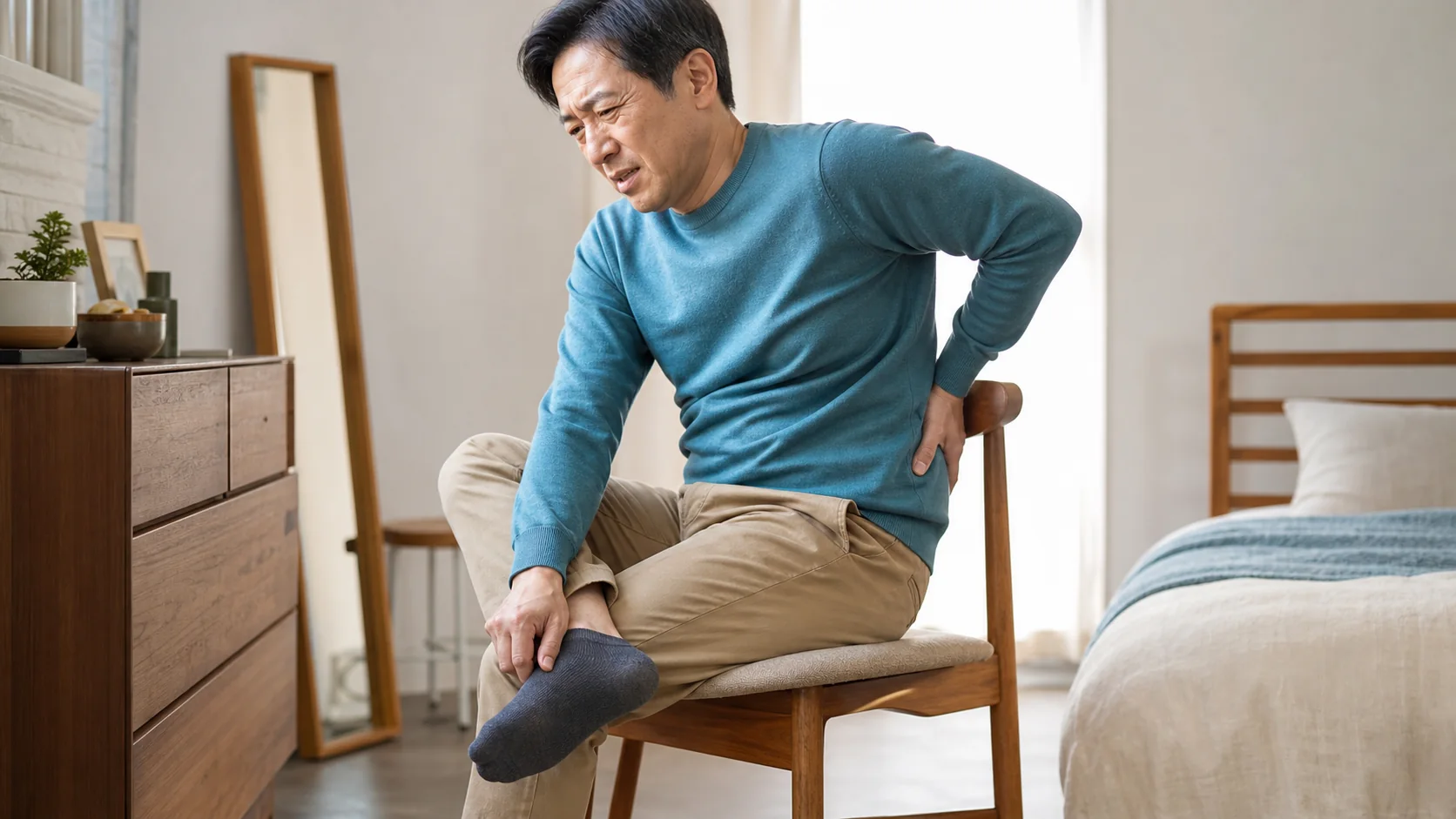 椅子で靴下を履こうとして股関節前側のつかえを感じている男性