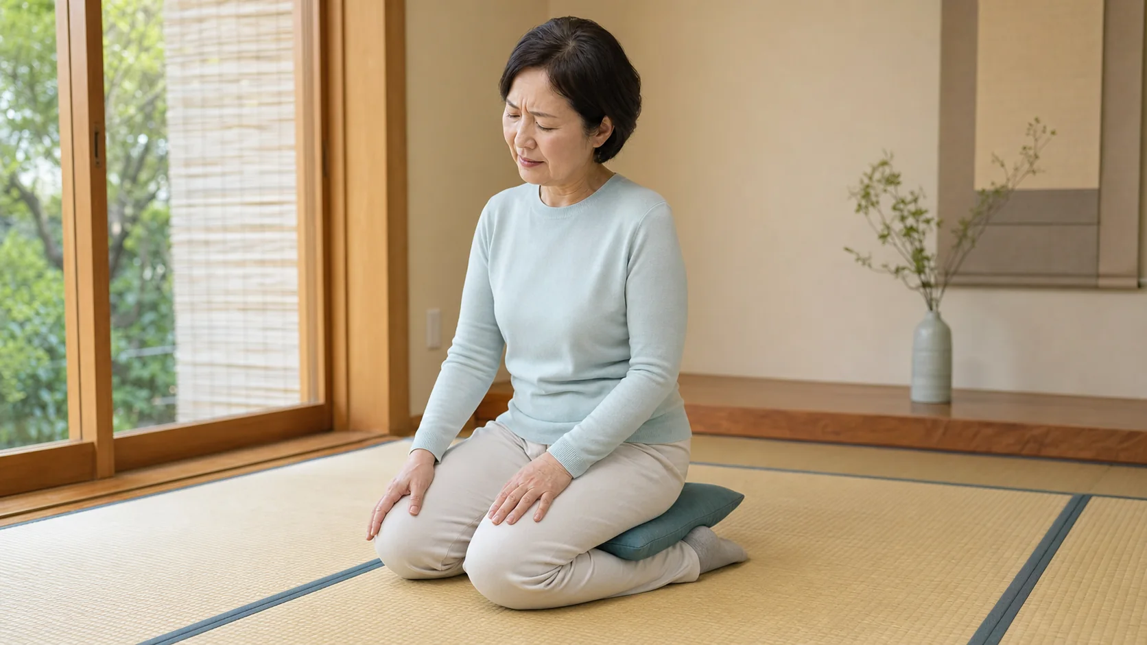 畳で正座しようとして膝のつらさを感じている女性