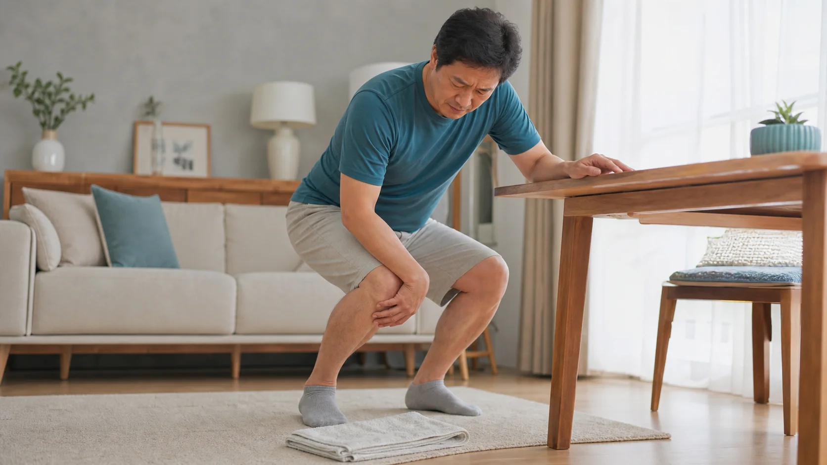 床の物を取ろうとしゃがみ膝の痛みを感じている男性