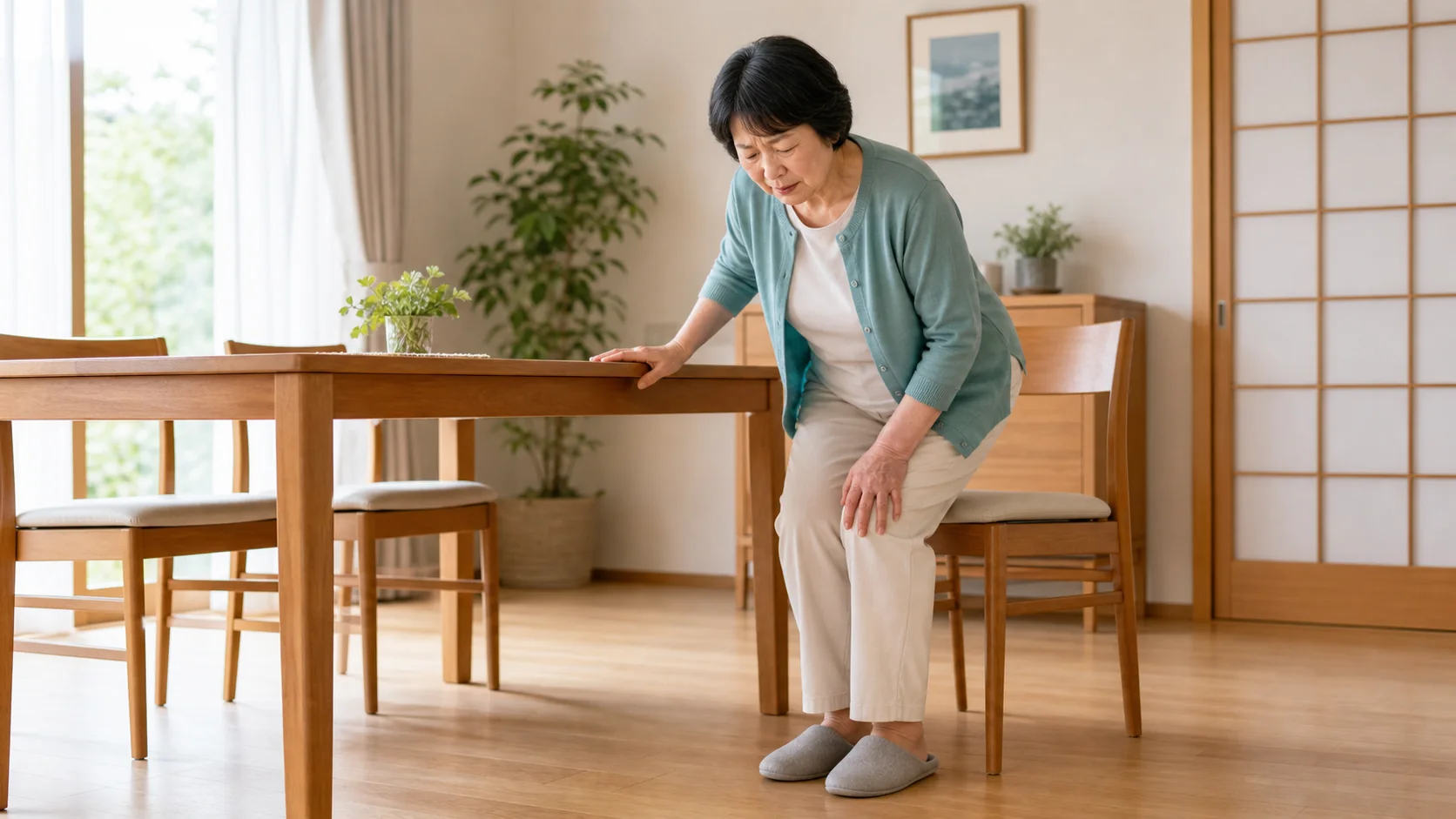 椅子から立ち上がる瞬間に膝の痛みを感じている女性