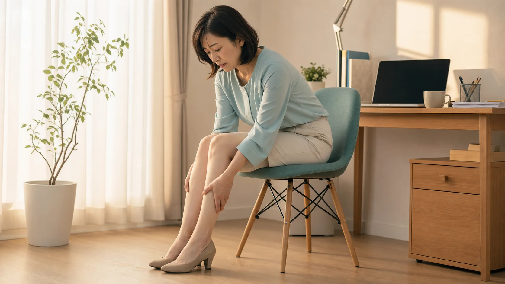 夕方の仕事終わりに両方のふくらはぎの重さを感じている女性