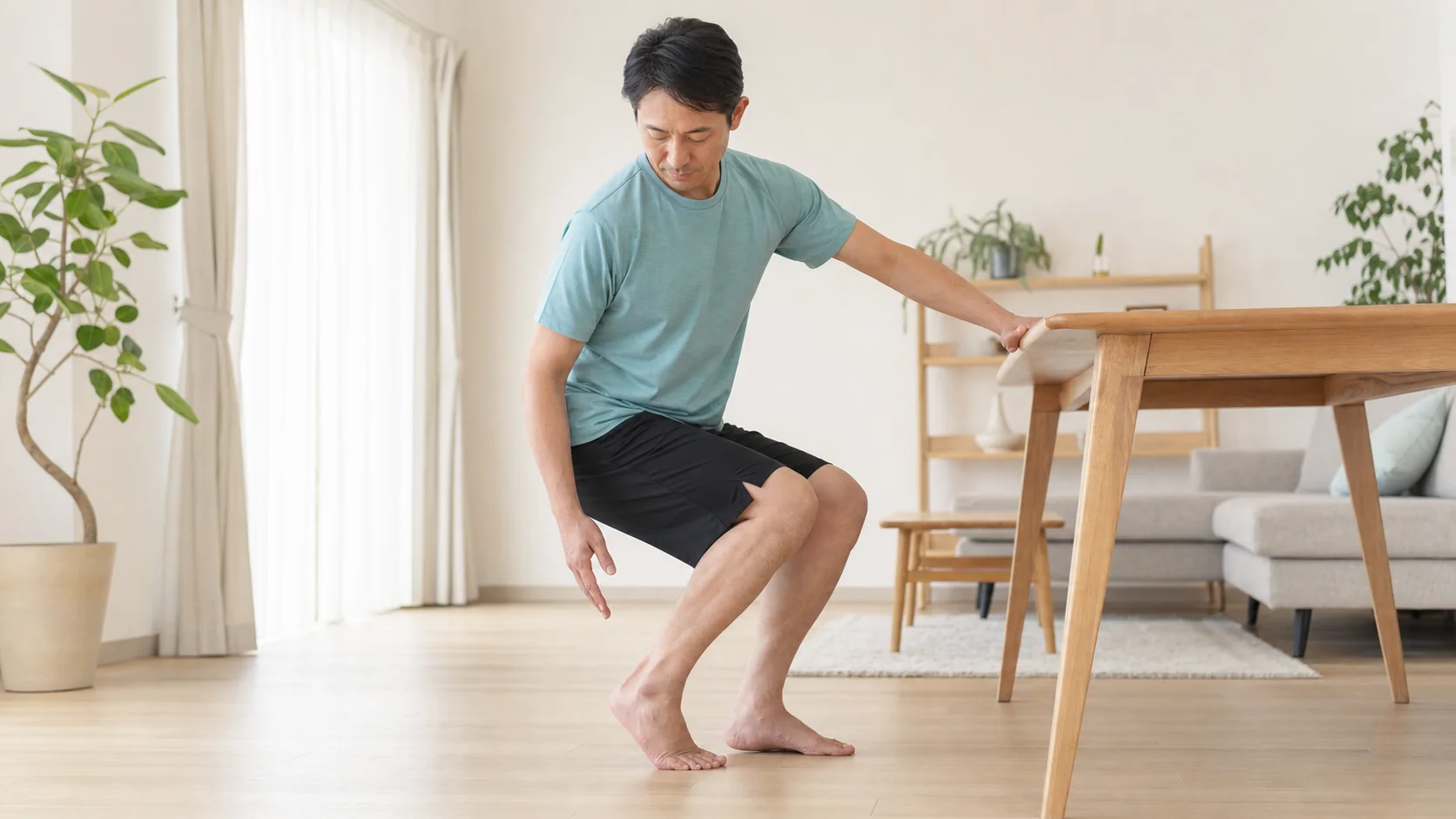 しゃがんだときに踵が床から浮く様子を確認している男性