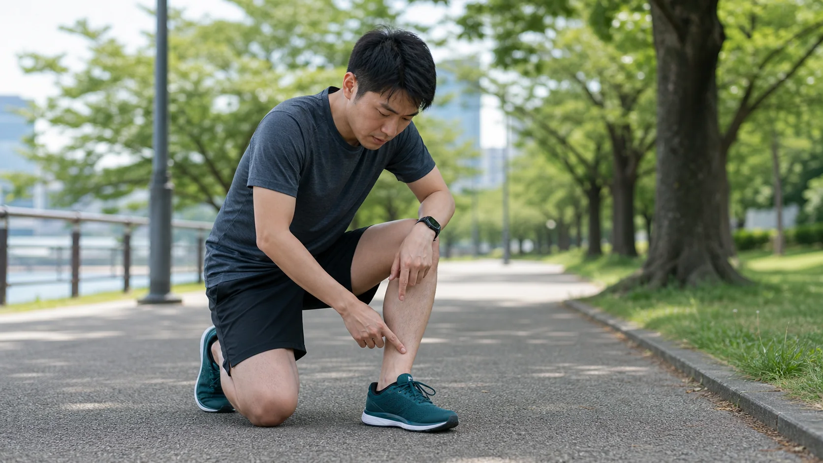 ランニング中にすね内側の痛みを感じて立ち止まった男性