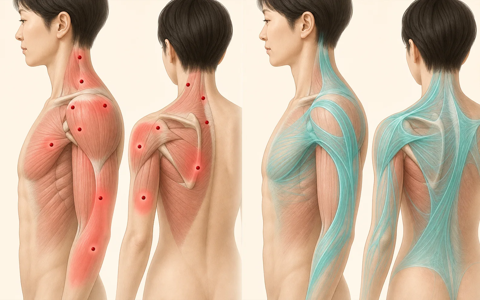肩と肩甲骨のトリガーポイントと胸から上腕へ連結する筋膜を示した図