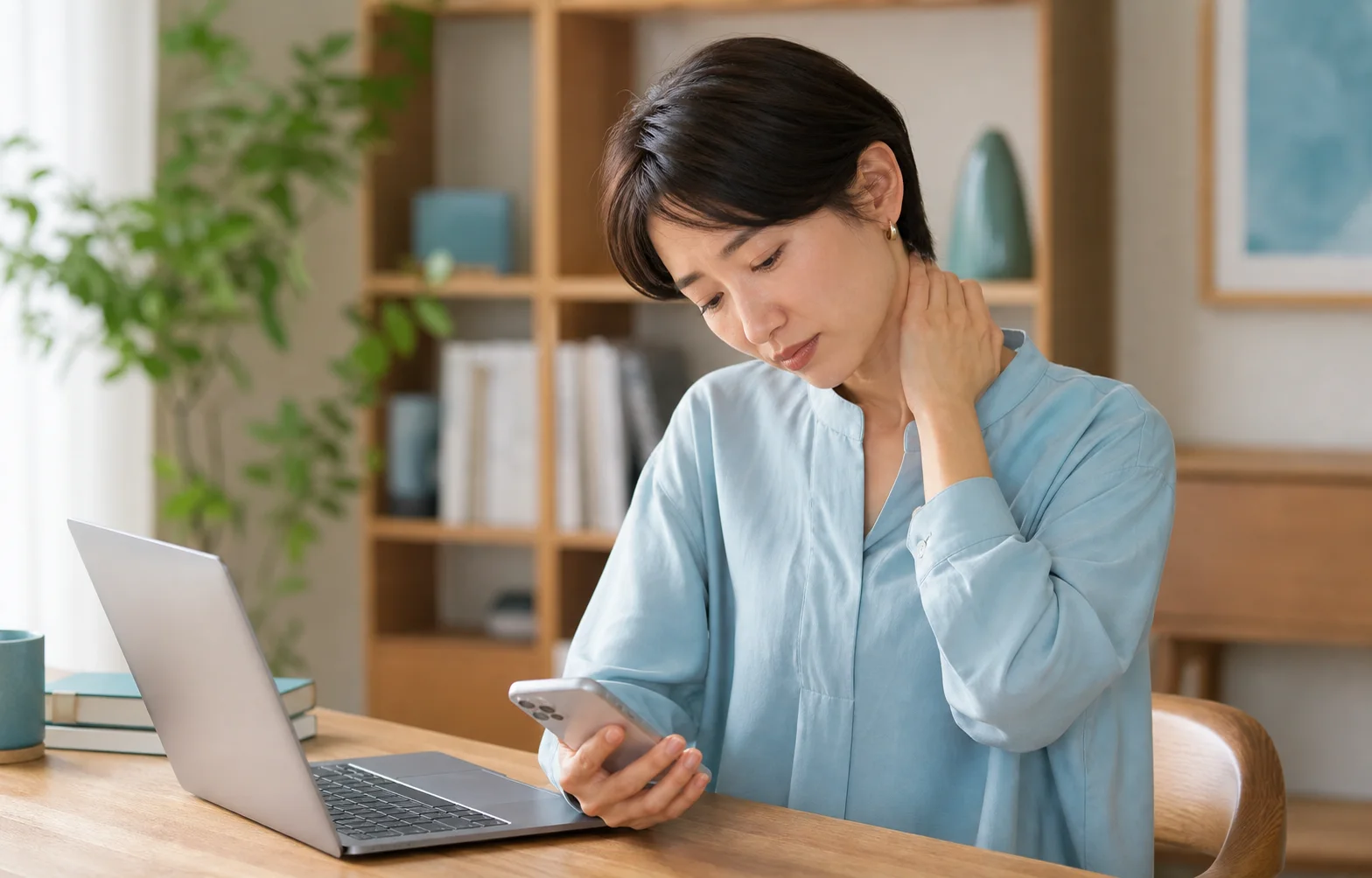 スマートフォンを見下ろして首の痛みを感じている女性