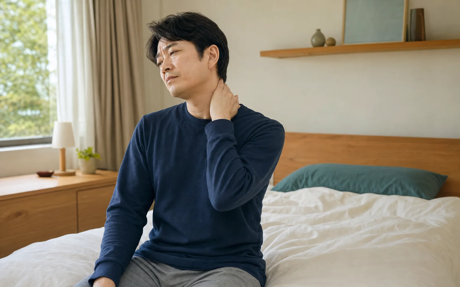 朝起きて首の動かしにくさを感じている男性