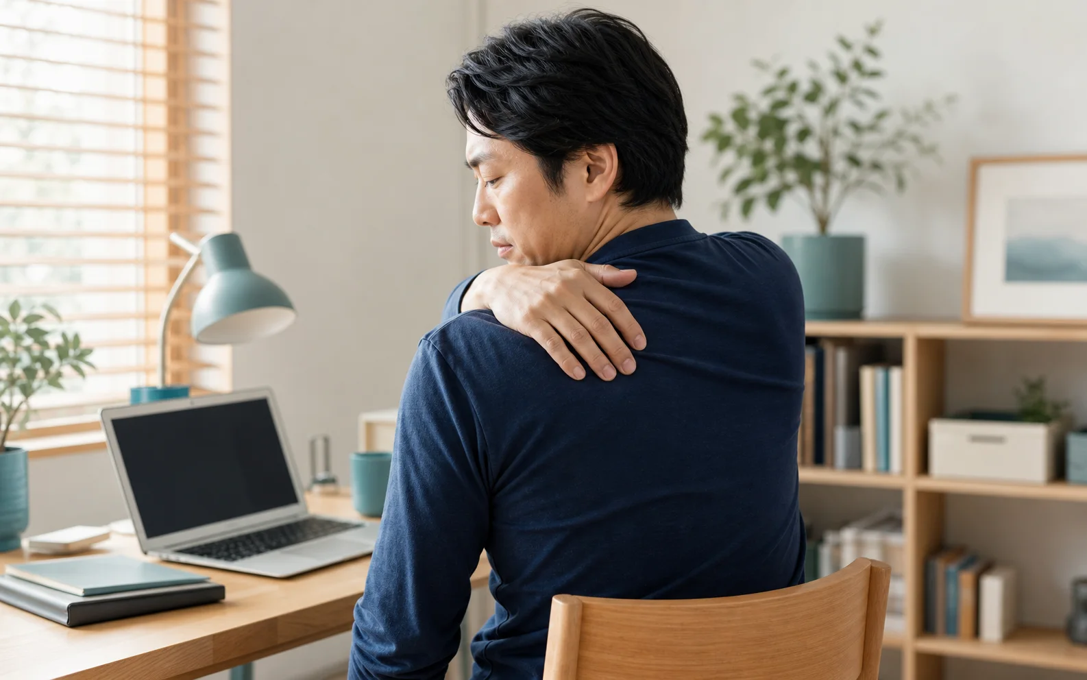 首から肩甲骨の内側に痛みを感じている男性