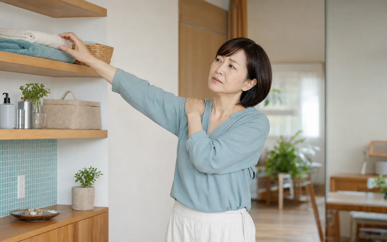 棚へ腕を上げる動作で肩の痛みを感じている女性