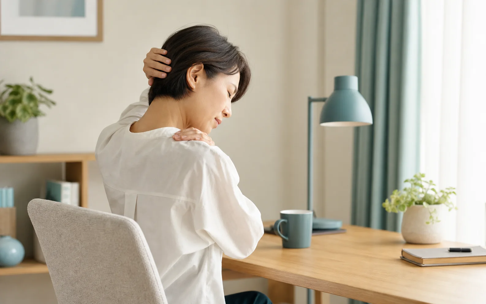 肩こりと後頭部の重さを感じている女性
