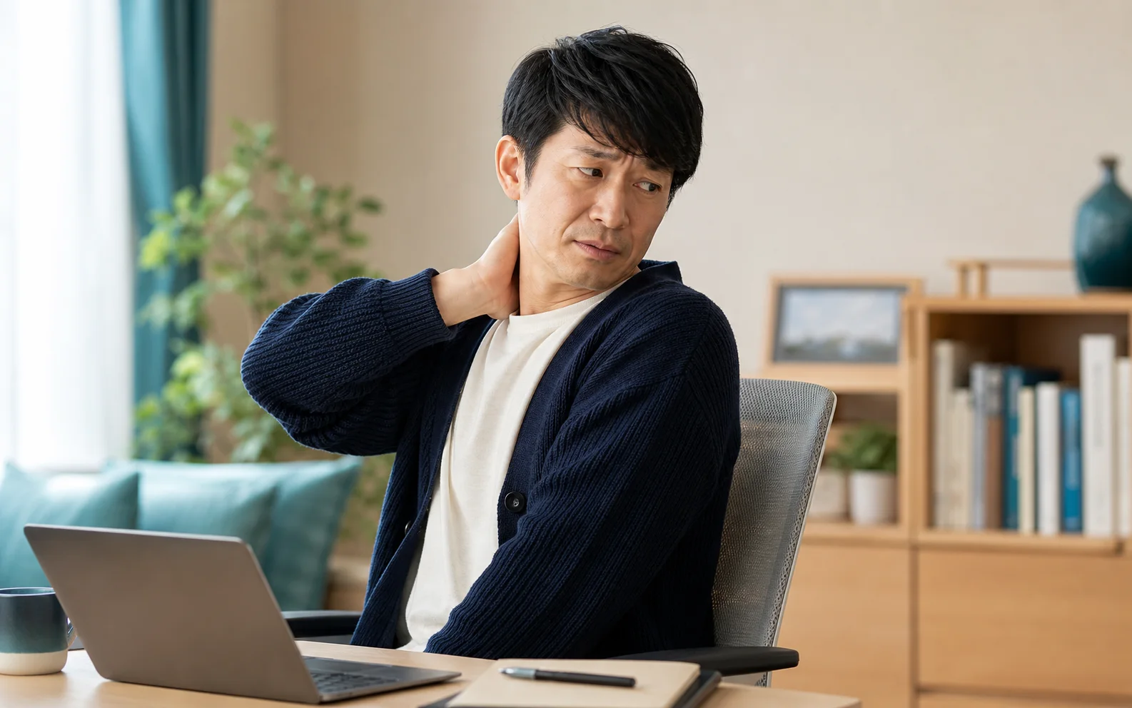 振り向く動作で首の痛みを感じている男性