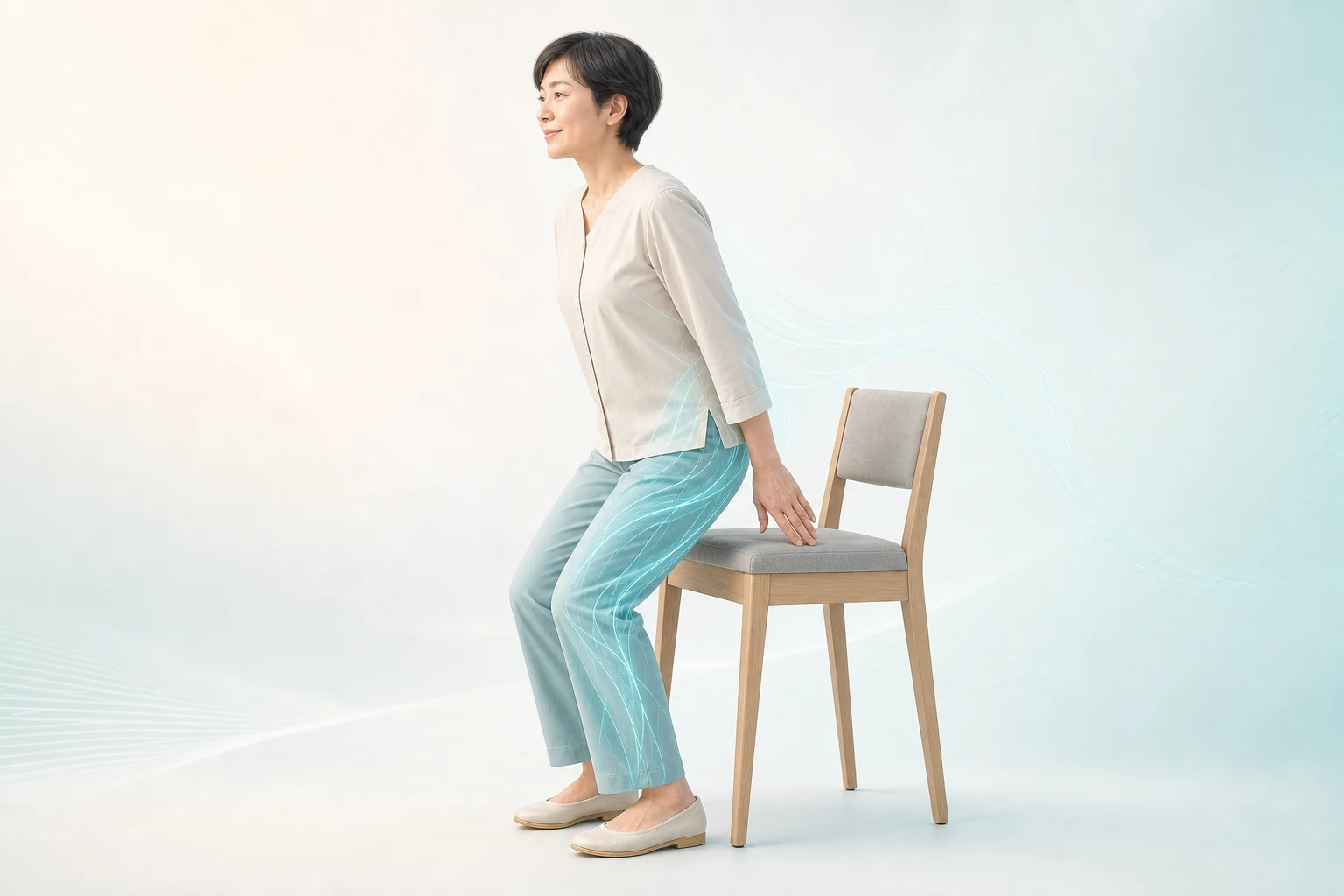 椅子から滑らかに立ち上がる女性のイメージ