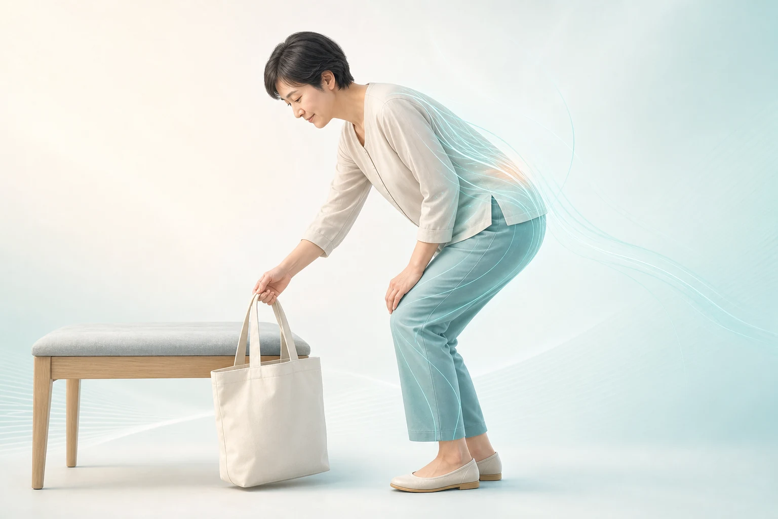 腰をかばい過ぎず、床のバッグを自然に持ち上げる女性のイメージ