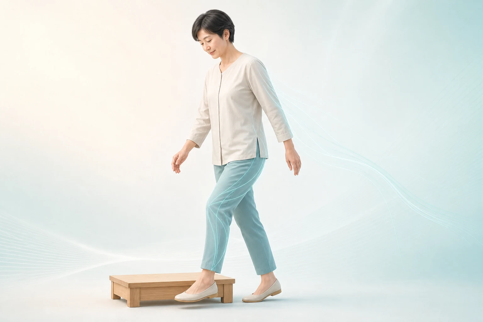 足元を確認しながら低い段差を安定して下りる女性のイメージ