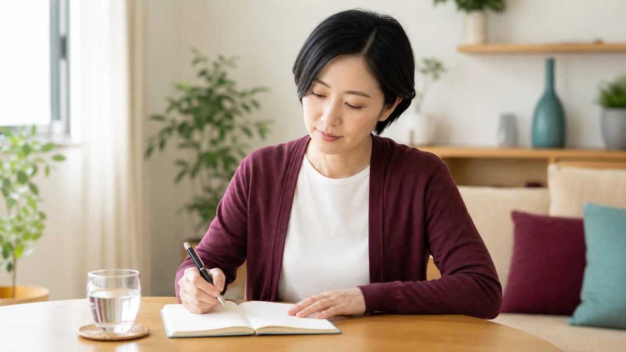 水分を取りながら、日々の体調をノートに記録する様子