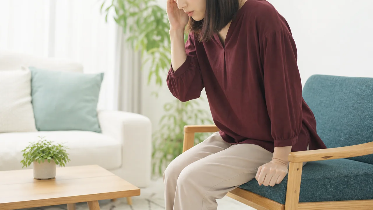 椅子に座って立ち上がる前に身体を支え、ふらつきに備える様子
