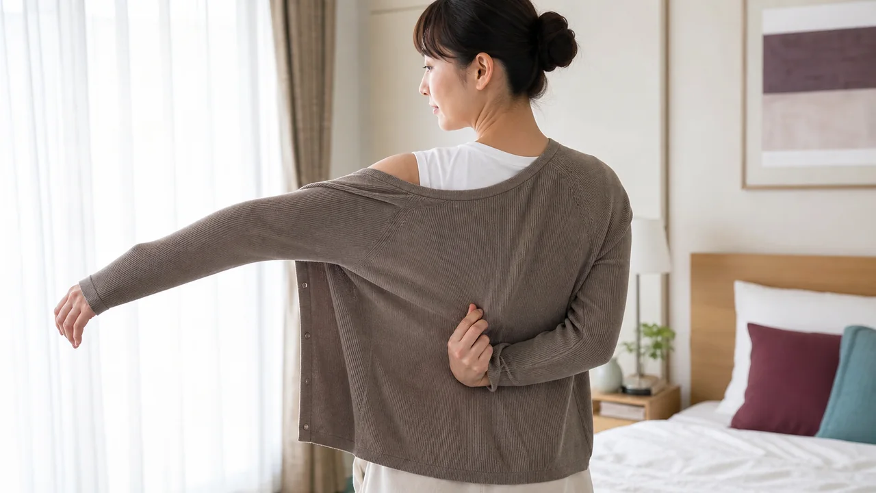 肩の動きを確かめながらカーディガンに腕を通す様子