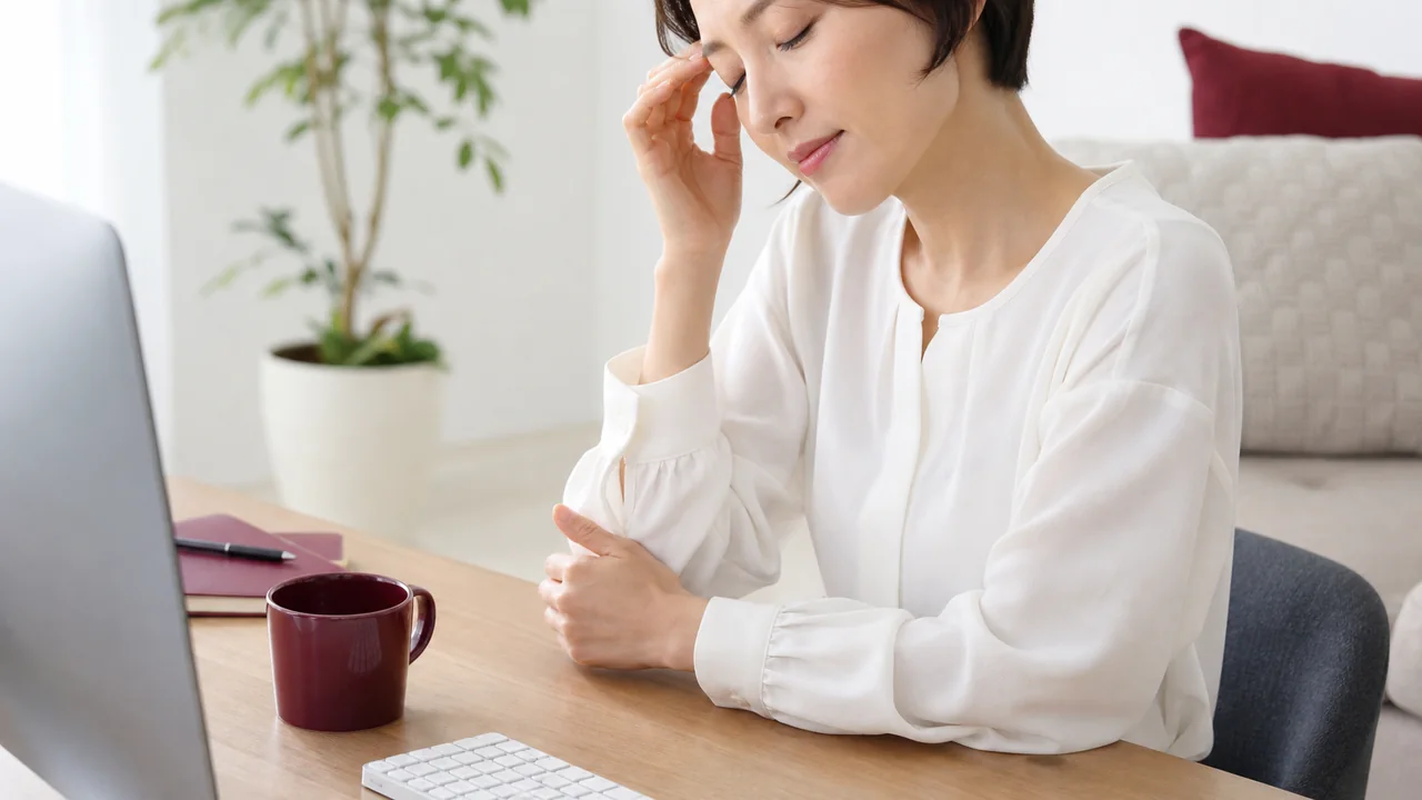 パソコン作業を休み、こめかみに手を添えて目を休める様子