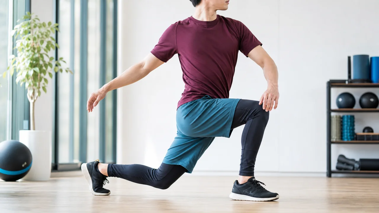 トレーニング前にランジと体幹回旋の動きを確かめる様子