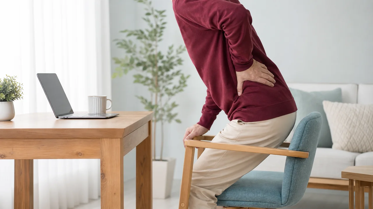 椅子から立ち上がる際に腰へ手を添える様子
