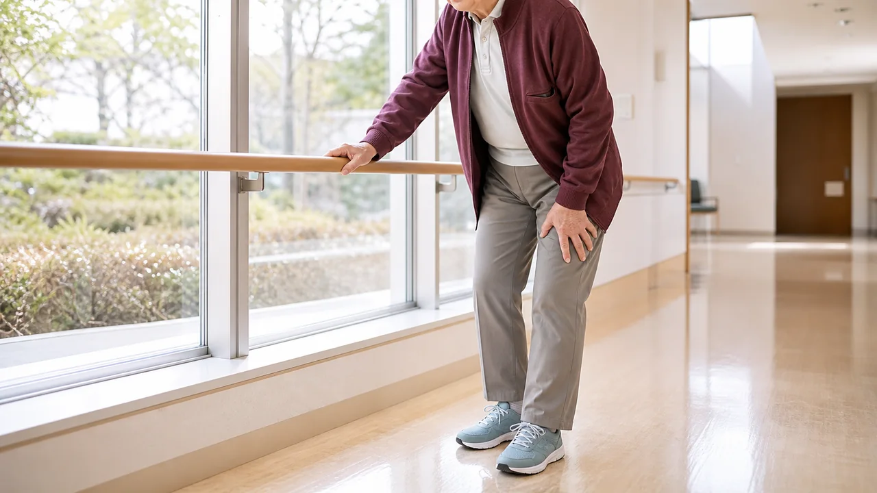 歩行中に手すりで身体を支え、脚を休める様子