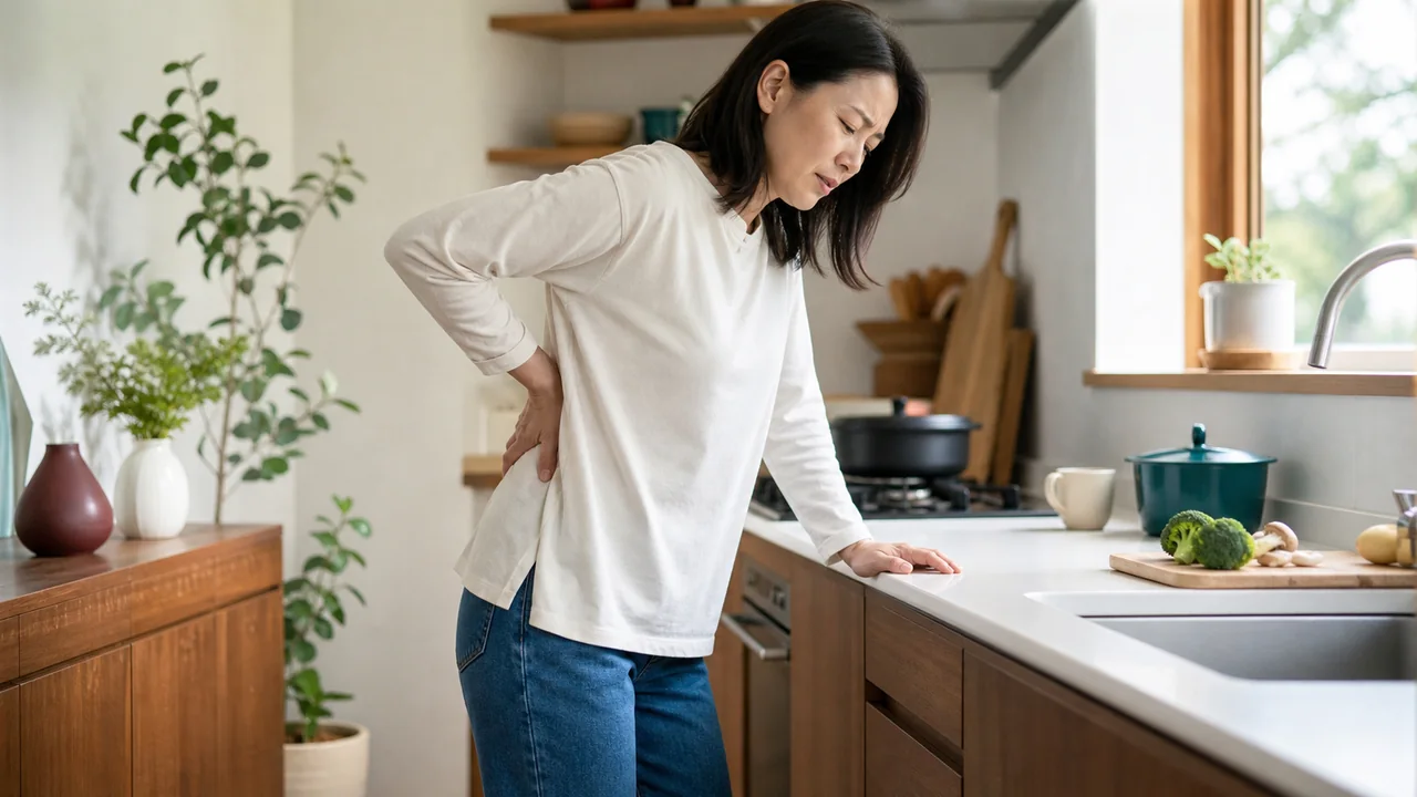 立ち仕事の途中で台に手をつき、腰へ手を添える様子