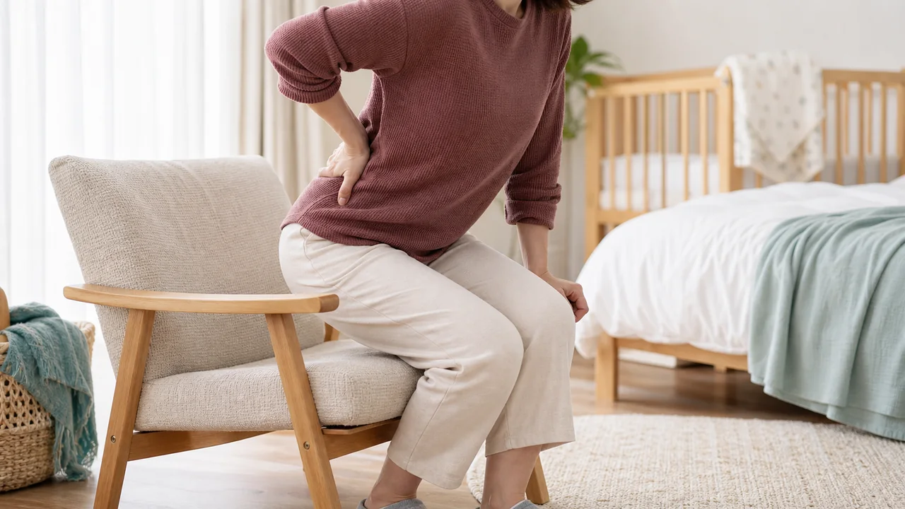 産後の生活で椅子から立ち上がる際に骨盤まわりへ手を添える様子